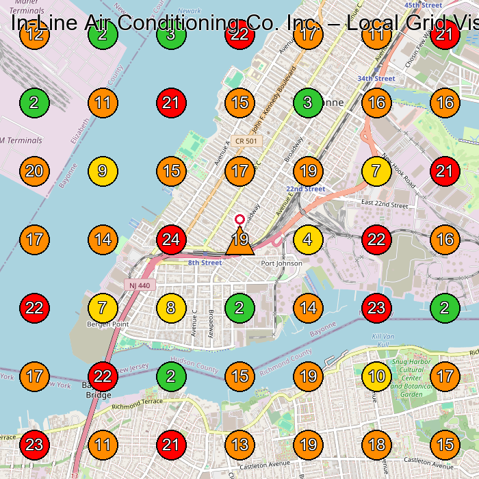 In-Line Air Conditioning Co. Inc. General Contractor GeoGrid ranking map for Bayonne NJ